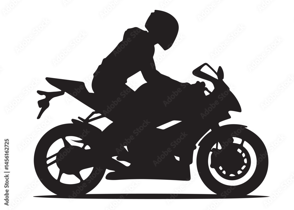 Fototapeta premium silhouette of a motorcycle rider logo silhouette vector, speed motorcycle rider logo icon silhouette, black and white person motorcycle rider silhouette vector logo on white background
