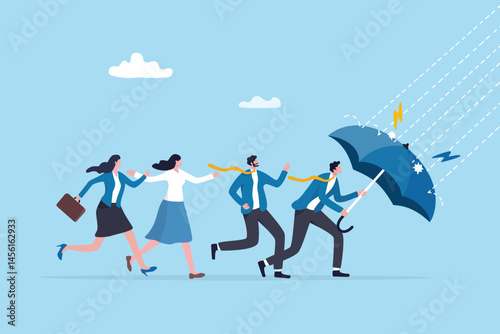 Protective leader, courage or leadership to protect team colleagues, aspiration or support for employee to solve problem and get through crisis, adversity, risk or organization thunderstorm problem.