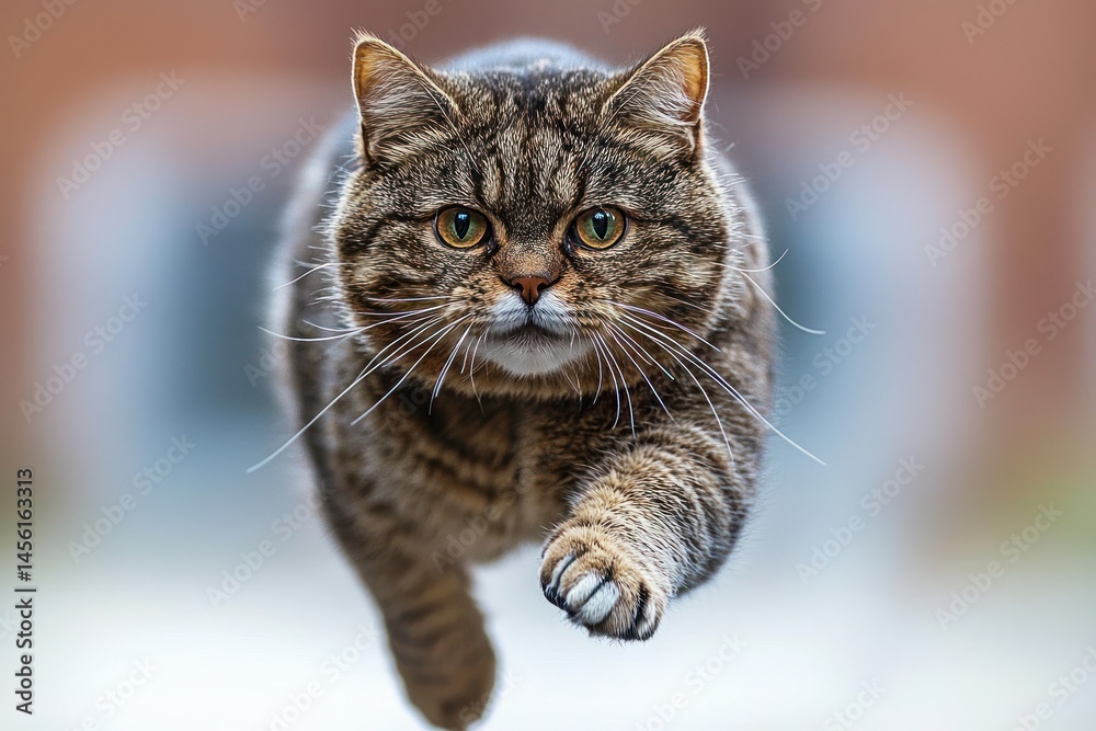 Naklejka premium A tabby cat in mid-air, appearing to leap forward
