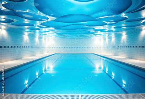 Beautiful clean swimming pool viewed from underwater, showcasing vibrant blue tones and mesmerizing light reflections.