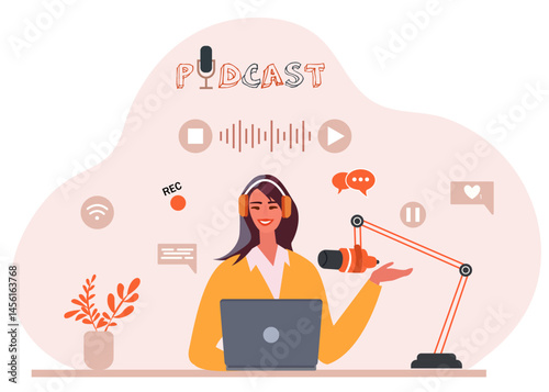 Woman podcasting with microphone and laptop, flat design, light blue background. Concept of podcasting and talking. Vector illustration