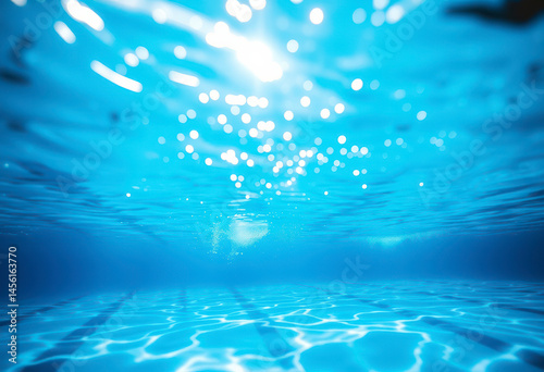 Beautiful clean swimming pool viewed from underwater, showcasing vibrant blue tones and mesmerizing light reflections.