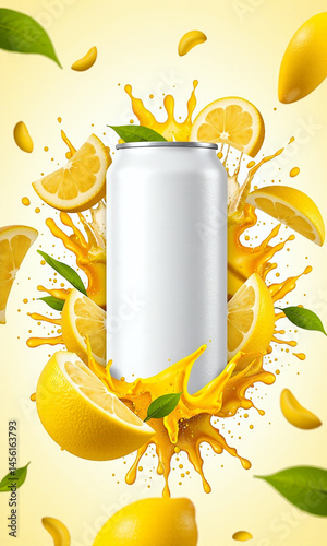 Photograph of a white can of soda, surrounded by splashing lemon juice, citrus slices, and green leaves against a bright yellow background, creating a vibrant, energetic, and refreshing visual.