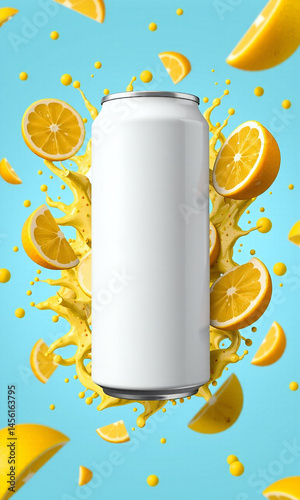 Photograph of a white can of soda, surrounded by splashing lemon juice, citrus slices, and green leaves against a bright yellow background, creating a vibrant, energetic, and refreshing visual.