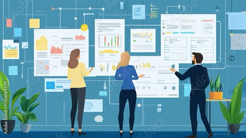 Illustrazione vettoriale di un gruppo di lavoro, che osserva grafici e statistiche per prendere decisioni aziendali.