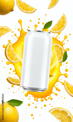 Photograph of a white can of soda, surrounded by splashing lemon juice, citrus slices, and green leaves against a bright yellow background, creating a vibrant, energetic, and refreshing visual.
