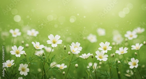 Blooming White Flowers in Spring Meadow with Bokeh Lights