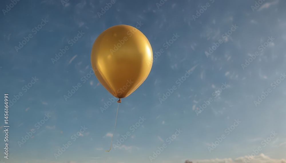 Fototapeta premium A shimmering gold balloon floats on a long string against a clear sky , graphic, above