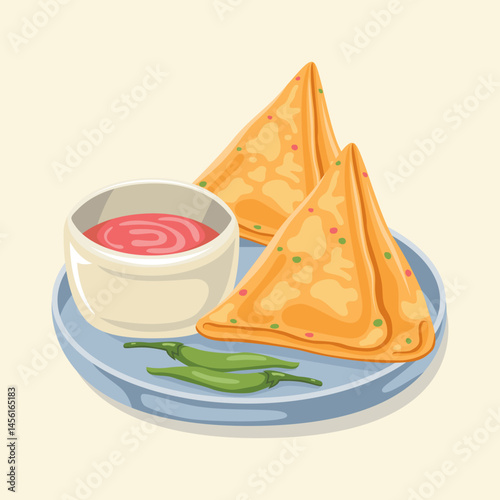 samosa with tomato ketchup and Green chilies Place on plate vector minimalistic illustration