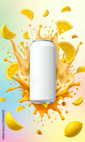 Photograph of a white can of soda, surrounded by splashing lemon juice, citrus slices, and green leaves against a bright yellow background, creating a vibrant, energetic, and refreshing visual.