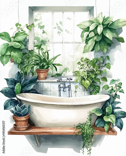 Watercolor illustration of a cozy bathroom with a vintage bathtub surrounded by lush green potted plants and natural sunlight through a window, evoking calm and relaxation.