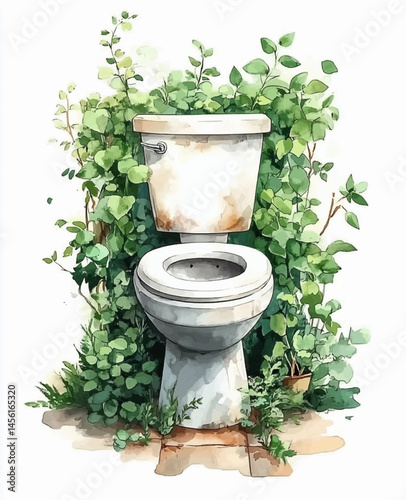 Charming watercolor of an old toilet surrounded by lush green plants, blending rustic decay with natural beauty in a whimsical garden scene.