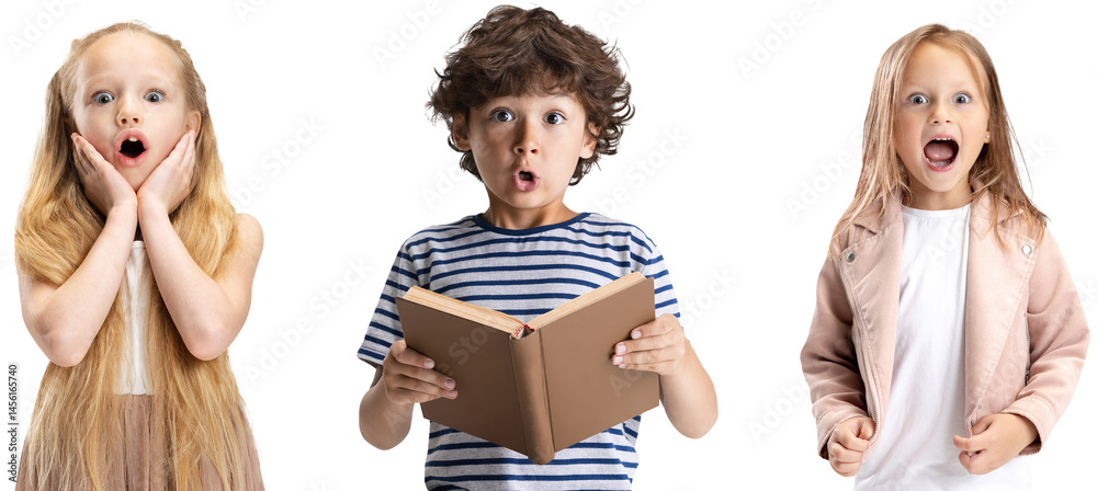 Collage of portraits of little and happy kids, preschool girls and boy isolated on transparent background. Education, human emotions, facial expression concept. Copy space for ad. Look shocked