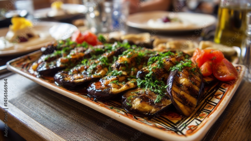 Grilled eggplant dish with herbs and tomatoes. Grilled eggplant dish with herbs and tomatoes.