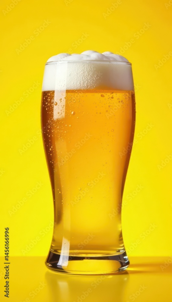 Frosty glass of beer on vibrant yellow background, food, details, macro Frosty glass of beer on vibrant yellow background, food, details, macro