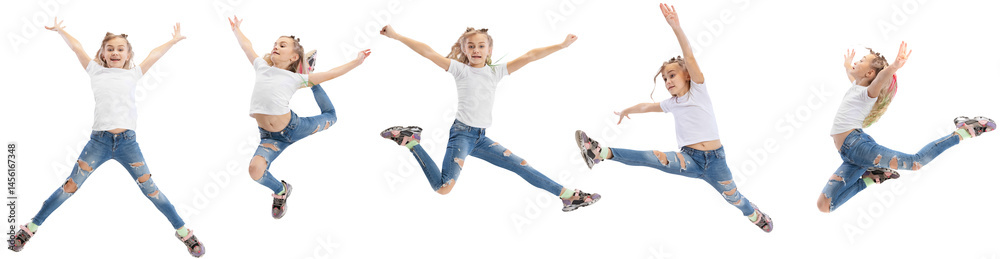 Set of dynamic images of little flexible girl jumping isolated on transparent background. Education, emotions, childhood and sport concept. Banner, poster for ad