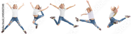 Obraz na płótnie Set of dynamic images of little flexible girl jumping isolated on transparent background. Education, emotions, childhood and sport concept. Banner, poster for ad w salonie