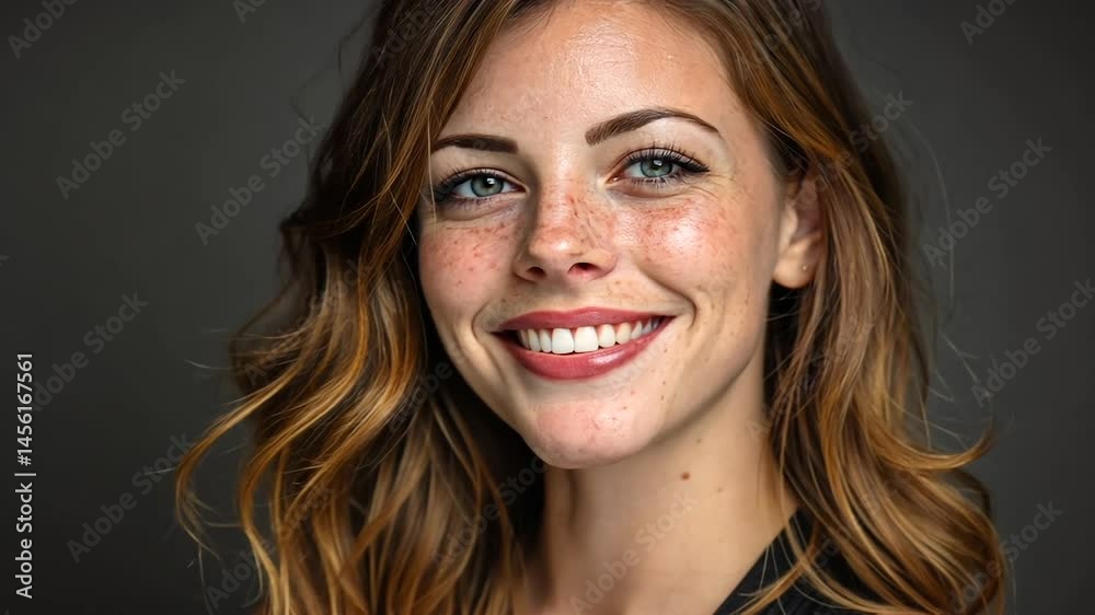 Smiling woman with freckled face in studio setting Smiling woman with freckled face in studio setting
