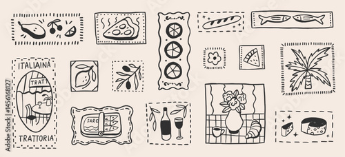 Set of postage with ink italian food and summer vibe in doodle outline style. Label with tropical fruits and fish. Travel stamp retro graphic