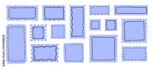 Postages with rectangle frames with wavy edges. Hand drawn stamp for social media decoration template.