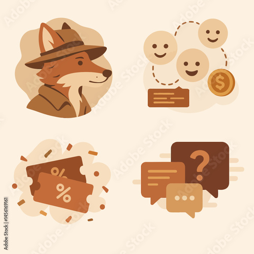 Illustrated Fox with Discount Coupons and Chat Bubbles Graphic Set