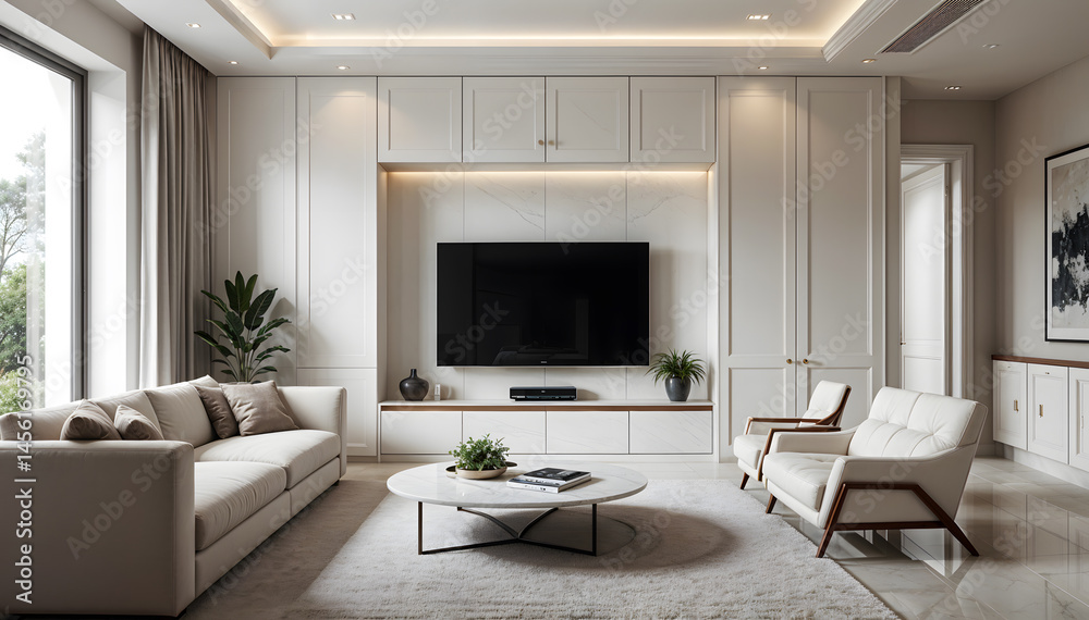 Fototapeta premium A modern classic living room with built-in shelf and white tv cabinet with sofa.