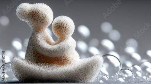 Ephemeral foam sculpture embracing mother and child on reflective surface made of bubbles.