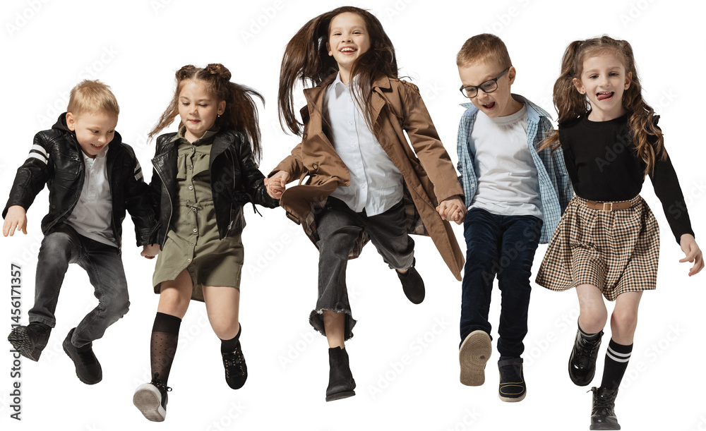 Happy childhood. Emotional school and preschool age children, girls and boys running, jumping isolated on transparent background. Beauty, kids fashion, ad, education, friendship concept.