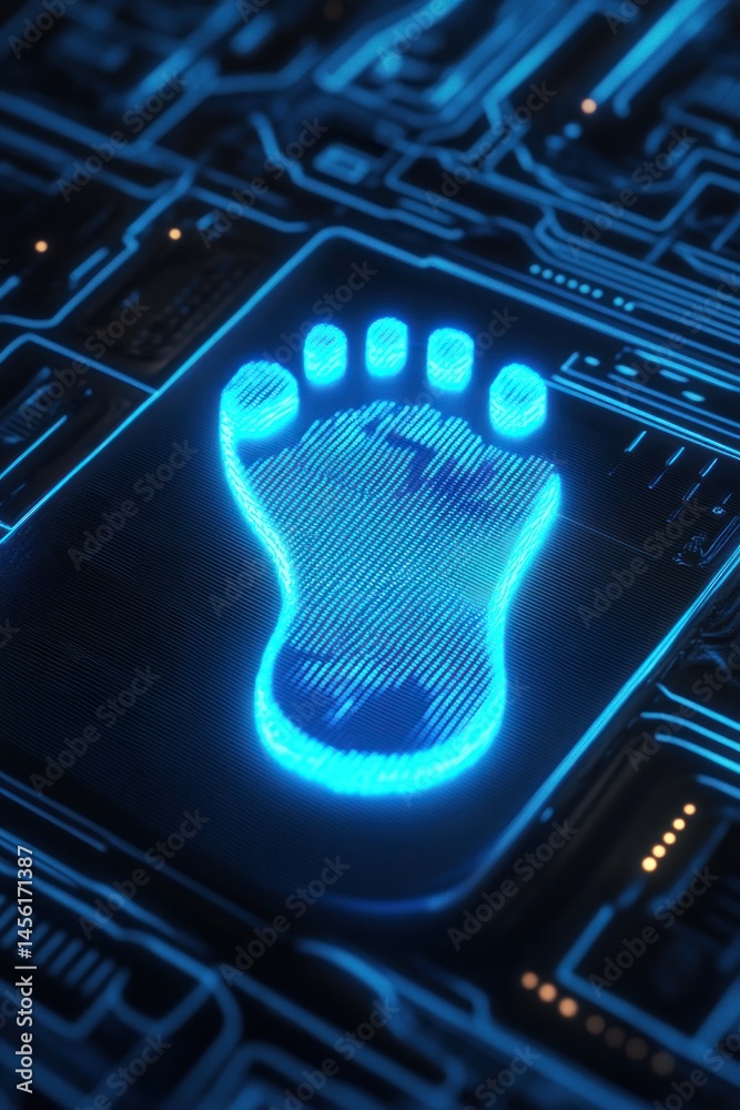 Glowing blue footprint on circuit board