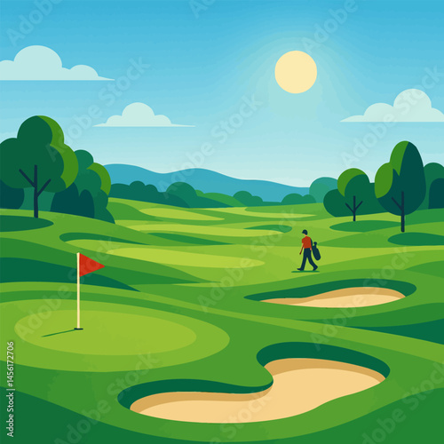 Person Walking on a Golf Course with Green Grass and Bunkers