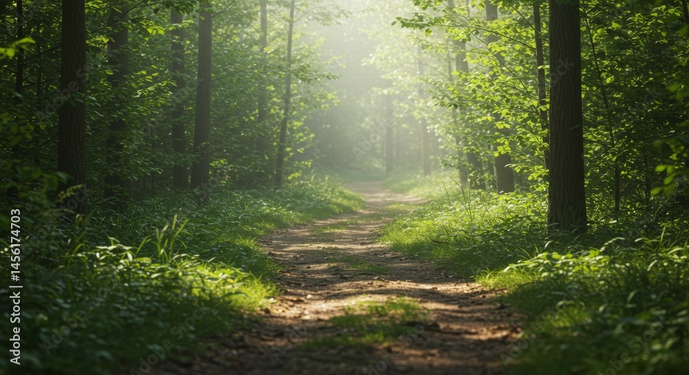 Walking Path Through Green Forest with Sunlight Streaming Through the Trees Walking Path Through Green Forest with Sunlight Streaming Through the Trees