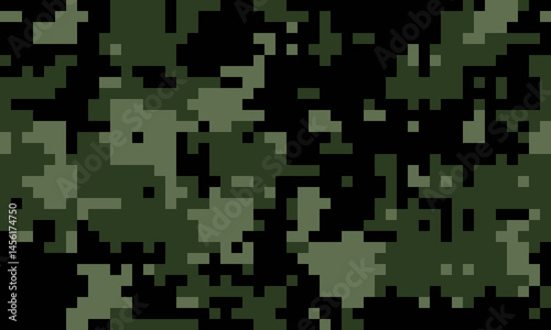 Abstract digital camouflage pattern.  Dark green and black pixelated texture ideal for backgrounds, website design, or militarythemed projects.