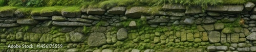 Ancient green moss-covered stone walls, weathered texture , architecture, detail