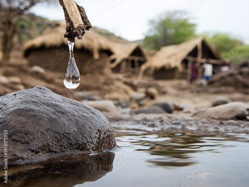 Precious water drop dripping in a dry african village