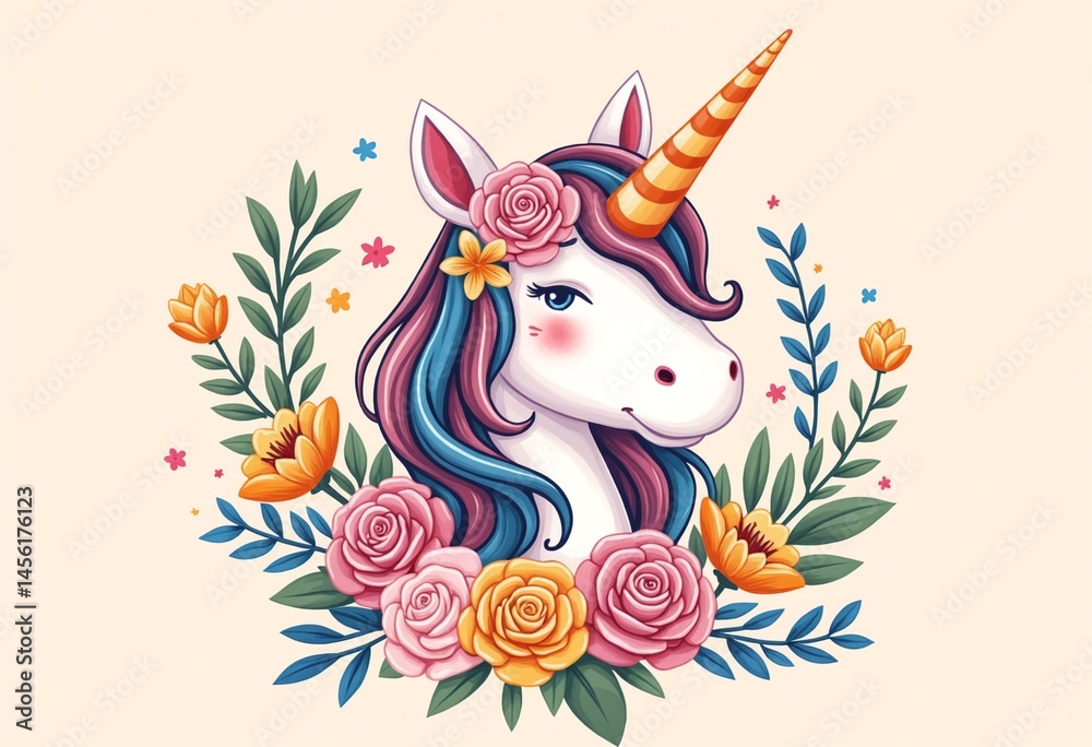 Fototapeta premium Cute Unicorn with Floral Wreath and Orange Striped Horn Design