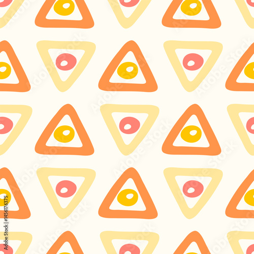 Seamless pattern of hand drawn doodle triangles and circle shapes on isolated background. Design for wrapping paper, scrap booking, wallpaper, textile, home and nursery decor, paper craft. 