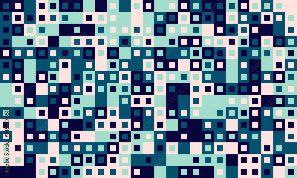 Fototapeta premium Abstract geometric pattern of teal, navy, and blush squares. Modern, pixelated design ideal for tech backgrounds, website banners, or textile prints.
