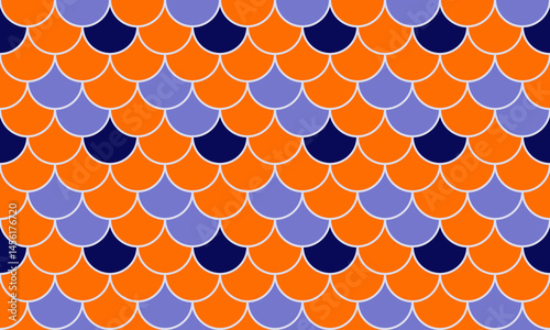 Vibrant geometric fish scale pattern in orange, purple, and navy.  Perfect for textile designs, website backgrounds, or any project needing a bold, playful, and eyecatching design.