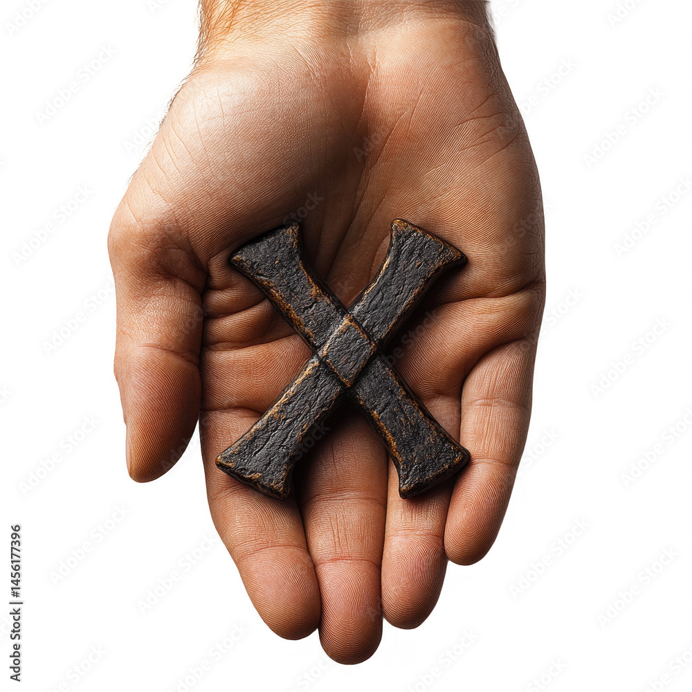 Fototapeta premium Hand holding cross symbol religious faith hope spiritual belief concept on transparent background