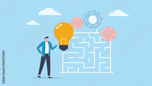 Man with a bright idea solving a complex maze puzzle gears show the process light blue background