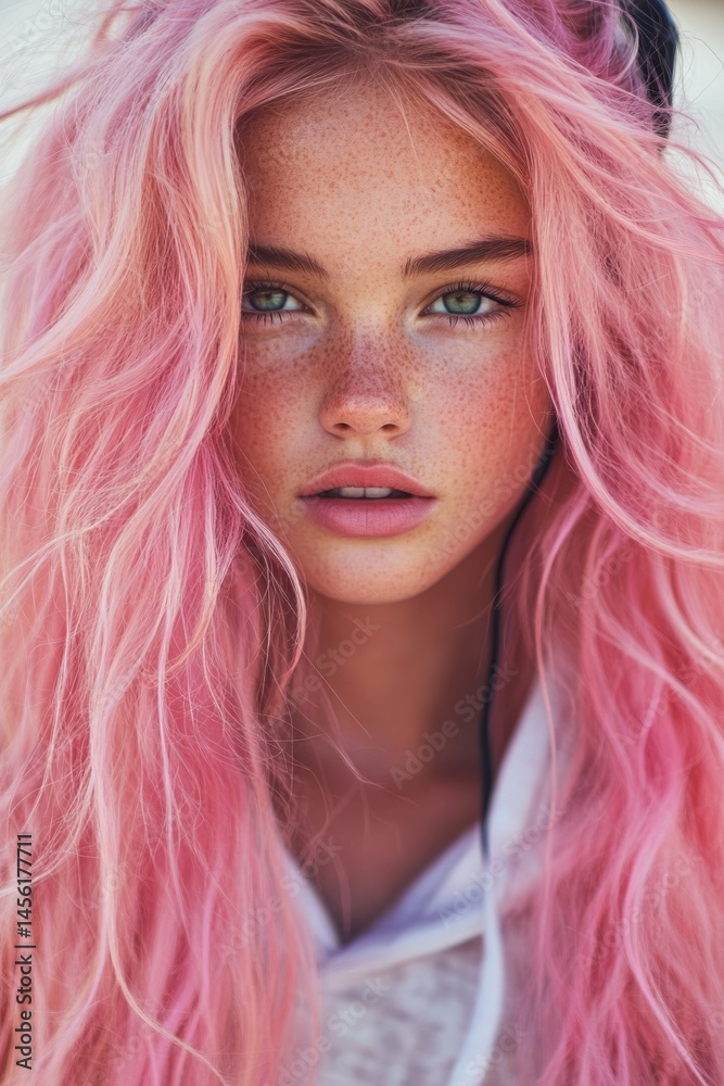 Fototapeta premium A trendy fashion model sporting pink hair and white headphones gazes confidently into the camera, embodying a modern aesthetic portrait style