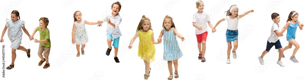 Joy, fun. Group of kids or pupils, girls and boys in colorful casual clothes isolated on transparent background. Creative collage. Back to school, education, childhood concept. Cheerful children.