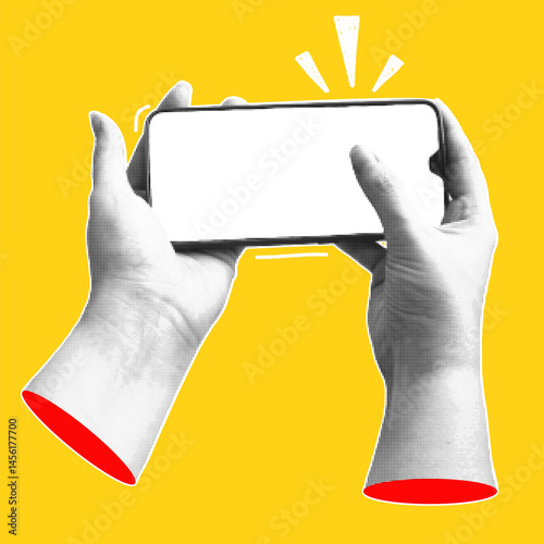 Human hands with a smartphone. Trendy collage banner with hand holding mobile phones. Modern art with halftone effects. Vector pop art illustration