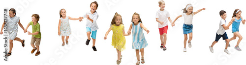 Obraz na płótnie Joy, fun. Group of kids or pupils, girls and boys in colorful casual clothes isolated on transparent background. Creative collage. Back to school, education, childhood concept. Cheerful children. w salonie
