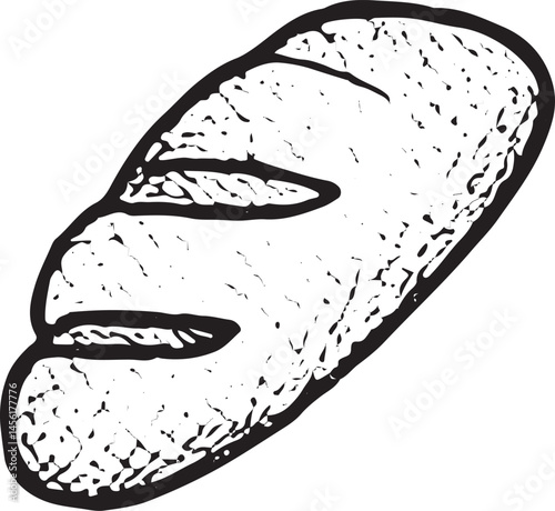 Hand-drawn illustration of a freshly baked loaf of bread with textured details and three slashes on top, capturing the warm, rustic appeal of this simple yet delicious food
