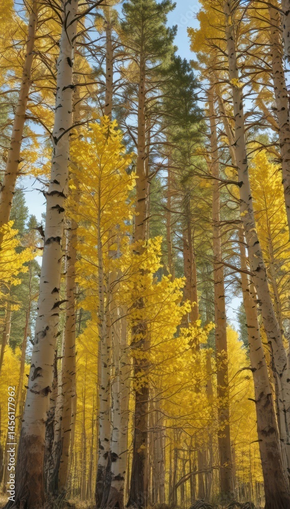 Fototapeta premium Golden aspen leaves, towering pines, Oregon high desert landscape, oregon, natural, photography