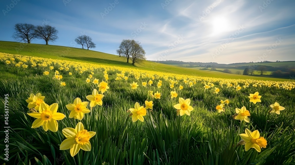 Fototapeta premium Springtime meadow filled with vibrant daffodils under a clear sky.