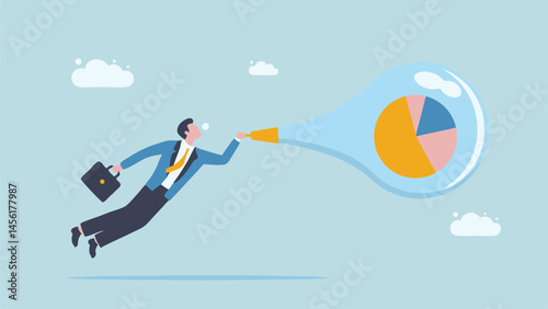 Businessman chasing pie chart bubble ambitious goals soaring success pastel sky graphic design flat