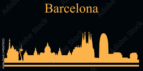Yellow silhouette of Barcelona, Spain city skyline on black background. Vector