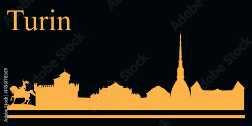 Yellow silhouette of Turin, Italy city skyline on black background. Vector